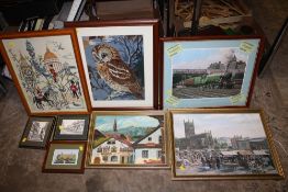 A COLLECTION OF PICTURES AND PRINTS TO INCLUDE NEEDLEWORKS, OIL ON BOARD, ETC