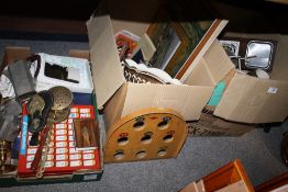 THREE BOXES OF HOUSEHOLD SUNDRIES TO INCLUDE VINTAGE GAMES, THREE PIECE VINTAGE TEA SERVICE ETC