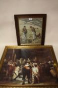 AN OAK FRAMED AND GLAZED CROSS STITCH NEEDLEWORK OF A HARVESTING SCENE TOGETHER WITH A GILT FRAMED