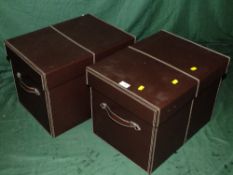 A PAIR OF MODERN LEATHER-STYLE STORAGE BOXES WITH HANDLES TOGETHER WITH A MODERN METAL TABLE