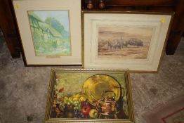 A GILT FRAMED OIL ON BOARD OF A TABLE TOPPED STILL LIFE STUDY TOGETHER WITH A WATERCOLOUR OF