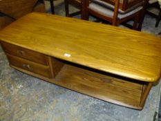 AN ERCOL WINDSOR LOW COFFEE TABLE WITH TWO DRAWERS H-40 W-51 L-121 CM