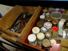 FOUR TRAYS OF MIXED NAILS, SCREWS, HAND TOOLS ETC