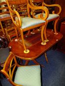 A YEW WOOD TWIN PEDESTAL DINING TABLE AND 6 CHAIRS