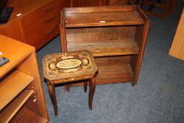 A SMALL OAK OPEN BOOKCASE W-70 CM AND A MUSIC TABLE (2)