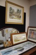 A LARGE GILT FRAMED AND GLAZED PRINT SIGNED E R STURGEON ENTITLED BY THE WYE BAKEWELL, TWO LARGE