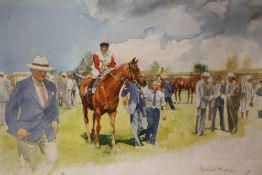 SCHOOL OF ROWLAND DAVIDSON (b.1942). Horse racing scene with horses and figures in an enclosure,