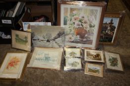 AN UNFRAMED OIL ON BOARD, SIGNED PRINTS ETC