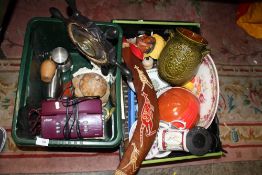 TWO TRAYS OF CERAMICS AND COLLECTABLES TO INCLUDE A LARGE BOOMERANG, BOSSONS WALL PLAQUE ETC