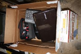A BOX OF ELECTRICALS TO INCLUDE A SAMSUNG LAPTOP