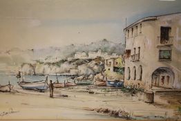 A FRAMED AND GLAZED WATERCOLOUR DEPICTING A CONTINENTAL HARBOUR SCENE INDISTINCTLY SIGNED LOWER LEFT
