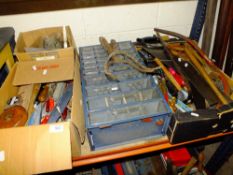 A TRAY OF MIXED HANDTOOLS PLUS TWO SMALL BOXES OF HANDTOOLS TOGETHER WITH A SMALL METAL STORAGE