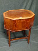AN ANTIQUE AND LATER MAHOGANY INLAID OCTAGONAL BOX ON LEGS H-70 W-60 CM