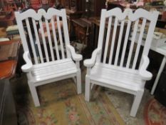 A LARGE PAIR OF BESPOKE PAINTED WOODEN ARMCHAIRS BY STAN FAIRBROTHER GARDEN STRUCTURES