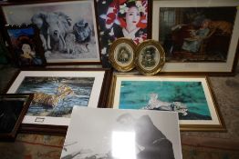 A COLLECTION OF LARGE PRINTS TO INCLUDE 'COOL FOR CATS' BY WILLIAM DE BEER OVAL FRAMED PRINTS, ELVIS