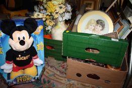 THREE BOXES OF ASSORTED HOUSEHOLD SUNDRIES TO INCLUDE MICKEY MOUSE DANCE STAR TOY, PICTURES ETC