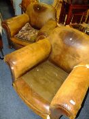 A PAIR OF VINTAGE CLUB STYLE LEATHER ?? ARMCHAIRS - NO SEAT CUSHIONS A/F (2)