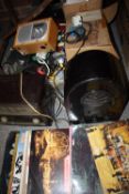 A BOX OF ASSORTED RADIOS AND ELECTRICALS TOGETHER WITH A SMALL QUANTITIES OF LP RECORDS ETC