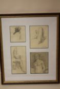 FOUR FRAMED AND GLAZED PENCIL SKETCH NUDE STUDIES BY WILLIAM ROBERT HAY WITH INFORMATION VERSO