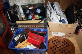 THREE BOXES OF COLLECTABLES TO INCLUDE MARBLE SOLITAIRE SET, ICE SKATES ETC