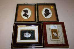 A FRAMED AND GLAZED CAMEO OF A WOMAN TOGETHER WITH A PAIR OF SIMILAR PORTRAITS AND A SMALL PICTURE