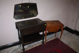 AN OAK TROLLEY AND WALNUT TABLE AND OAK MIRROR (3)