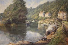 R.G.TROW (XX). Modern British school .Mill on the Avon' with boats and figures, see verso, signed