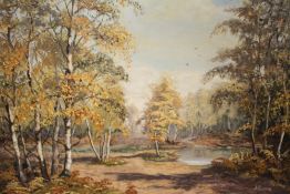 A FRAMED OIL ON BOARD OF A WOODED LANDSCAPE SIGNED J CURRIE LOWER RIGHT, OVERALL SIZE INC FRAME 73CM