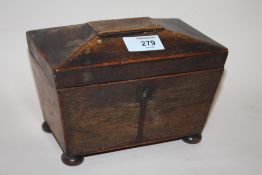 AN ANTIQUE MAHOGANY TEA CADDY OF SMALL PROPORTIONS, W 19 CM