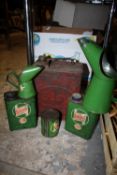 AN ESSO JERRY CAN, TOGETHER WITH TWO CASTROL OIL CANS, OIL JUGS