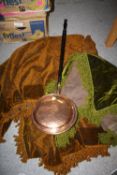 TWO VINTAGE TABLE CLOTHS TOGETHER A COPPER WARMING PAN