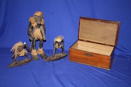 THREE EBONISED WOOD TRIBAL FIGURE TOGETHER WITH A TRINKET BOX (4)
