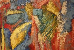 (XX). Abstract composition, unsigned oil and fabric collage on canvas, framed, 56 x 67 cm