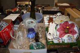 TWO BOXES OF ASSORTED CERAMICS, TOGETHER WITH A TRAY OF GLASSWARE AND A LARGE GLASS BOWL AND JUG