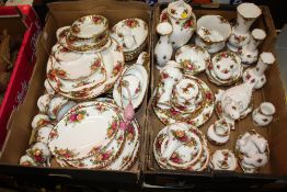 TWO TRAYS OF ROYAL ALBERT OLD COUNTRY ROSES TEAWARE AND CERAMICS TO INCLUDE ORNAMENTS, VASES, CUPS