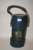 AN ANTIQUE LEATHER CORDITE SHELL CARRIER AMMUNITION CASE DECORATED WITH A COAT OF ARMS
