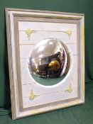 A VINTAGE PAINTED FRAMED WALL MIRROR WITH GILT FLORAL DETAIL 113 X 92 CM