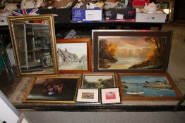 A QUANTITY OF PICTURES AND PRINTS TO INCLUDE A LARGE OIL ON CANVAS OF A RIVER SCENE, OIL ON BOARD,