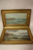 A PAIR OF ANTIQUE GILT FRAMED OIL ON CANVASES DEPICTING SEASCAPES SIGNED M DAVIES SIZE - 44CM X 24CM