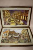 A PAIR OF FRAMED AND GLAZED BIRMINGHAM INTEREST BULLRING MARKETS MIXED MEDIA PICTURES
