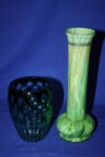 A LOETZ STYLE GREEN AND GOLD GLASS VASE TOGETHER WITH A BOHEMIAN GREEN GLASS VASE