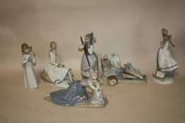 THREE LLADRO FIGURES (ONE A/F) TOGETHER WITH THREE SIMILAR LADY FIGURES (6)