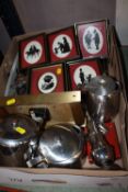 A TRAY OF METALWARE TO INCLUDE FLATWARE TOGETHER WITH A COLLECTION OF REPRODUCTION SILHOUETTE