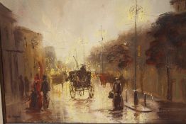 JOHN BAMPFIELD (b.1948). Impressionist rainy street scene with horse drawn cabs and figures,