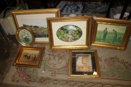 A COLLECTION OF GILT FRAMED PICTURES AND PRINTS TO INCLUDE A WATERCOLOUR OF A THATCHED COTTAGE,