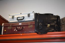 A VANGUARD HARD CASE, SUITCASE AND A LEATHER SATCHEL