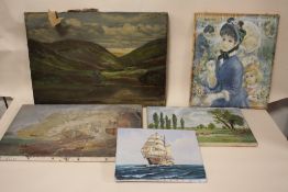 FOUR ASSORTED OIL ON CANVASES TOGETHER WITH PRINT (5) LARGEST 51CM X 36CM