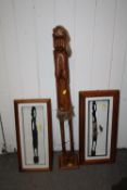 A CARVED TRIBAL STYLE MODEL OF A LADY, H 100 CM, TOGETHER WITH TWO FRAMED AND GLAZED TRIBAL