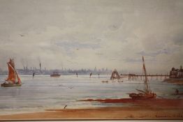 A FRAMED AND GLAZED WATERCOLOUR OF SEACOMBE PIER - MERSEY, SIGNED FREDERICK W WAUGH, 44CM X 25CM