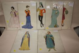 A COLLECTION OF SEVEN UNFRAMED WATERCOLOURS DEPICTING FIGURES IN MEDIEVAL COSTUME ALL INITIALLED K.